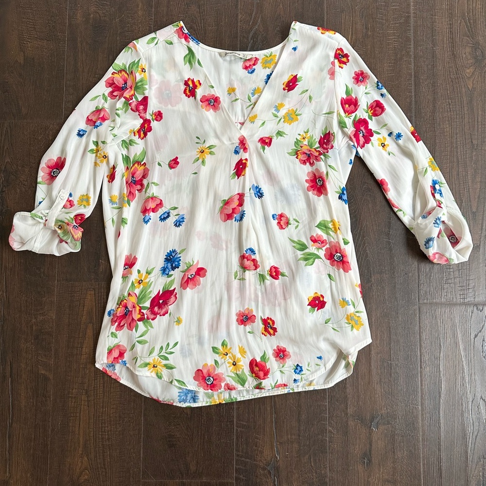 Floral V-Neck Blouse - White with Multicolor Flowers